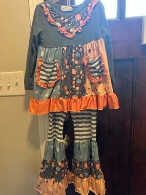 Girls' Olive & Orange Floral Ruffle Matching Set